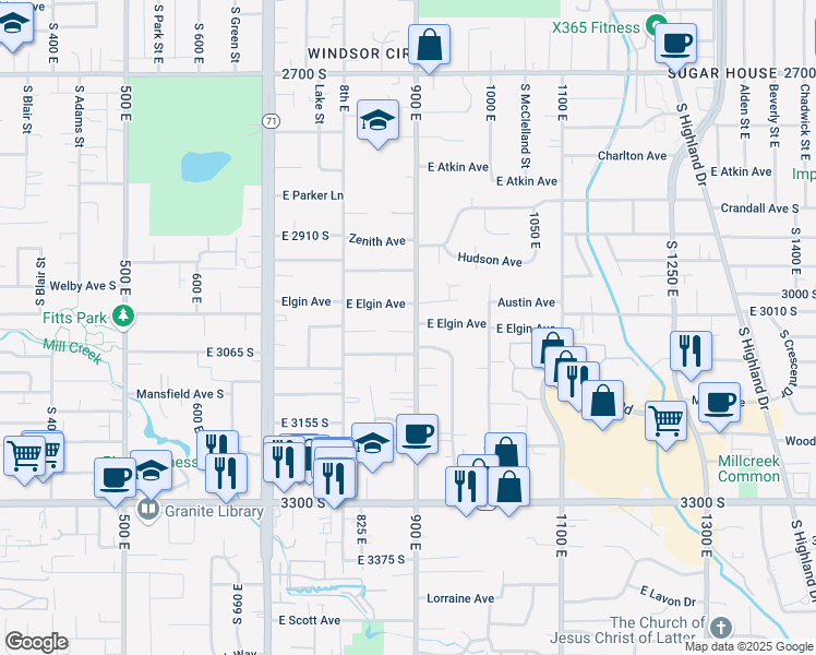map of restaurants, bars, coffee shops, grocery stores, and more near 3020 South 900 East in Millcreek