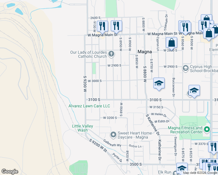 map of restaurants, bars, coffee shops, grocery stores, and more near 3019 South 9050 West in Magna