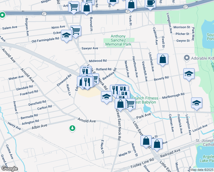 map of restaurants, bars, coffee shops, grocery stores, and more near 36 Phillips Walk in West Babylon