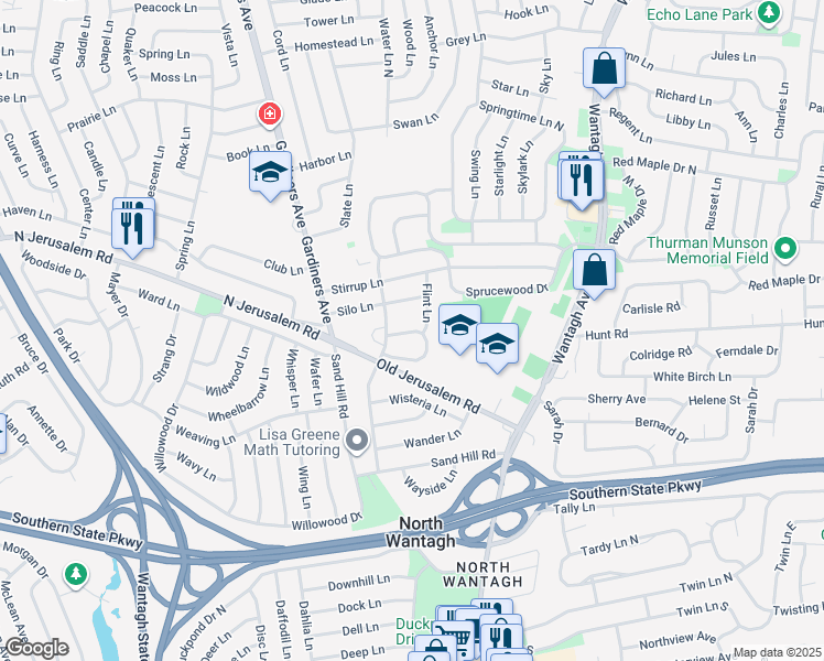 map of restaurants, bars, coffee shops, grocery stores, and more near 25 Flint Lane in Levittown
