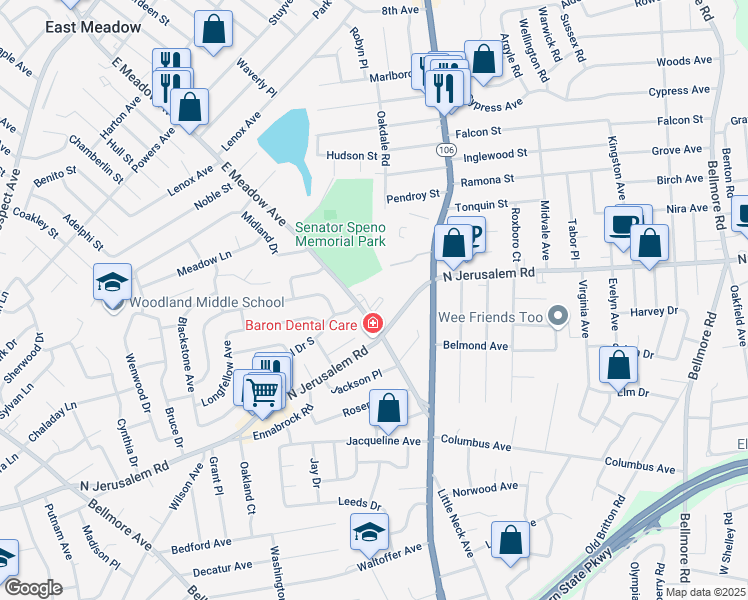 map of restaurants, bars, coffee shops, grocery stores, and more near 27 Newbridge Road in East Meadow