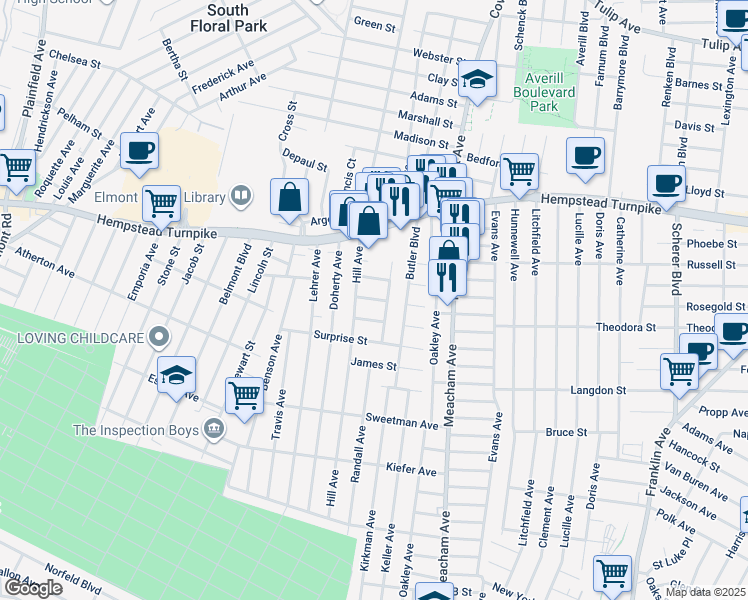 map of restaurants, bars, coffee shops, grocery stores, and more near 1421 Omega Street in Elmont