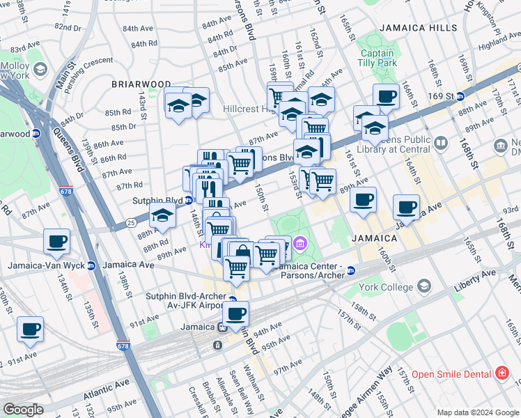 map of restaurants, bars, coffee shops, grocery stores, and more near 150-02 88th Avenue in Queens