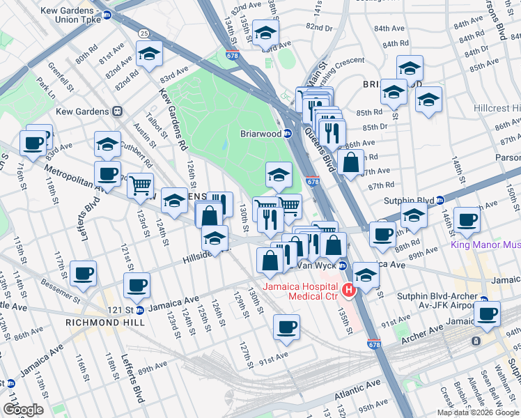 map of restaurants, bars, coffee shops, grocery stores, and more near in Queens