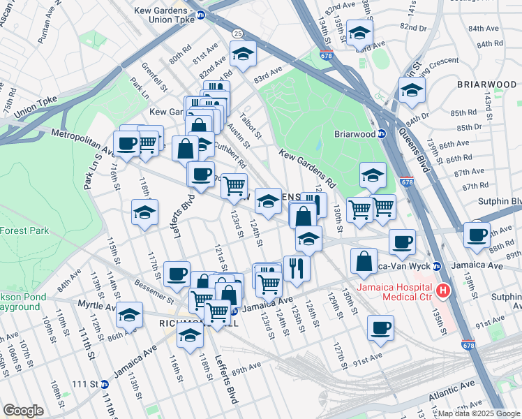 map of restaurants, bars, coffee shops, grocery stores, and more near in Queens