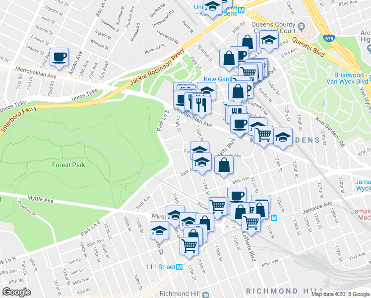 map of restaurants, bars, coffee shops, grocery stores, and more near 8331 116th Street in Queens