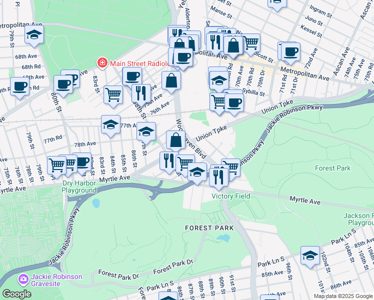 map of restaurants, bars, coffee shops, grocery stores, and more near 88-45 Union Turnpike in Queens