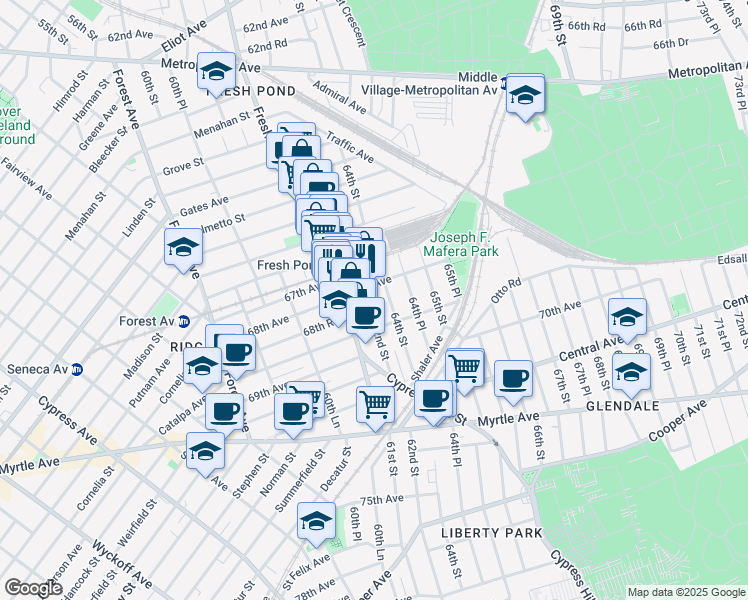 map of restaurants, bars, coffee shops, grocery stores, and more near 62-18 68th Avenue in Queens