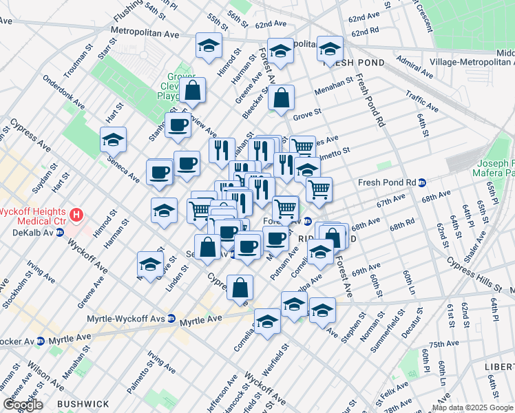map of restaurants, bars, coffee shops, grocery stores, and more near 663 Woodward Avenue in Queens