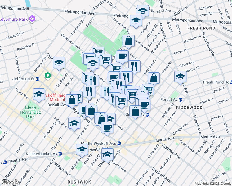 map of restaurants, bars, coffee shops, grocery stores, and more near 494 Seneca Avenue in Queens