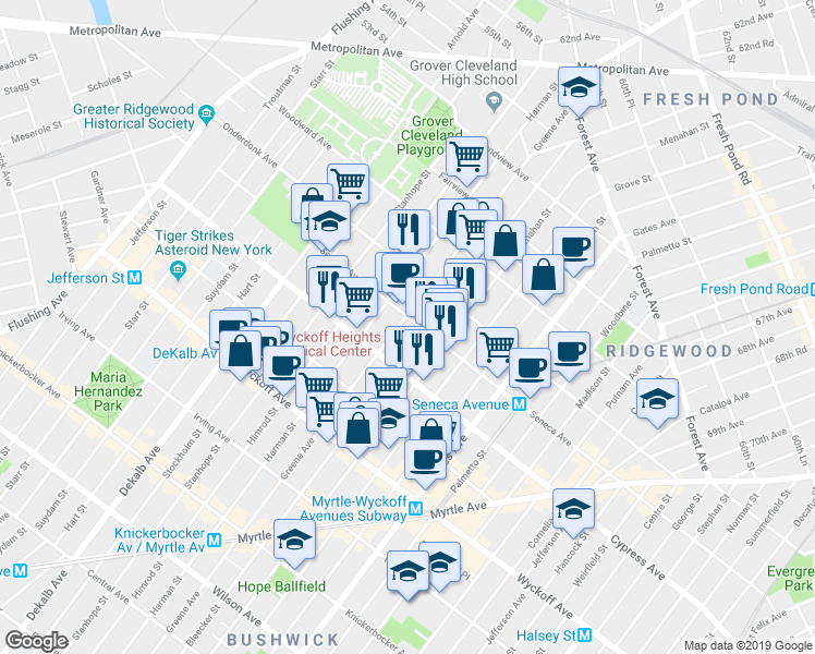 map of restaurants, bars, coffee shops, grocery stores, and more near 494 Seneca Avenue in Queens