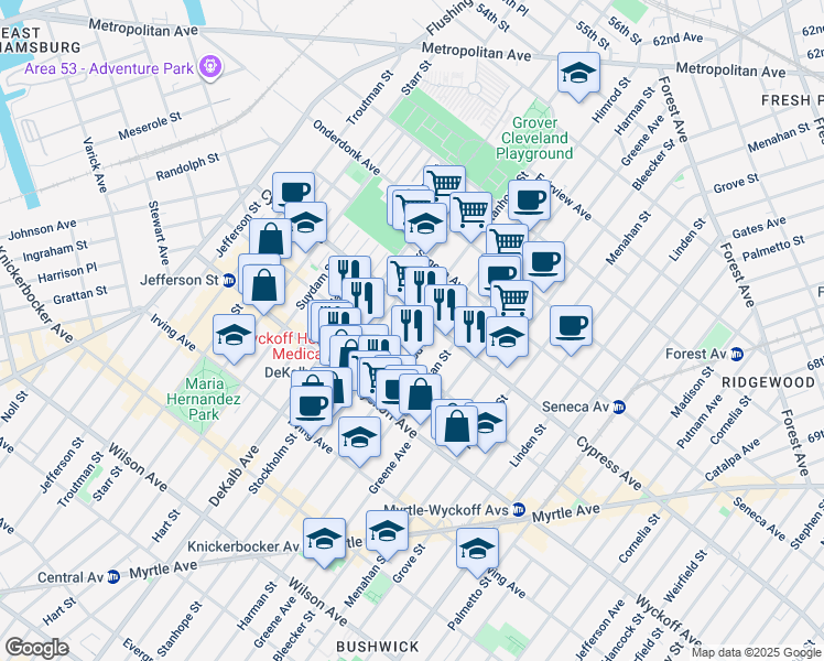 map of restaurants, bars, coffee shops, grocery stores, and more near 418 Stanhope Street in Brooklyn
