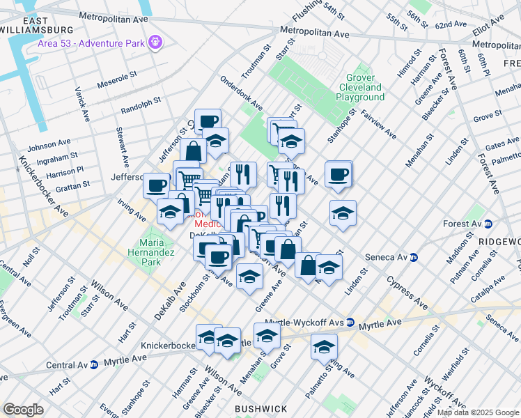 map of restaurants, bars, coffee shops, grocery stores, and more near 403 Stockholm Street in Brooklyn