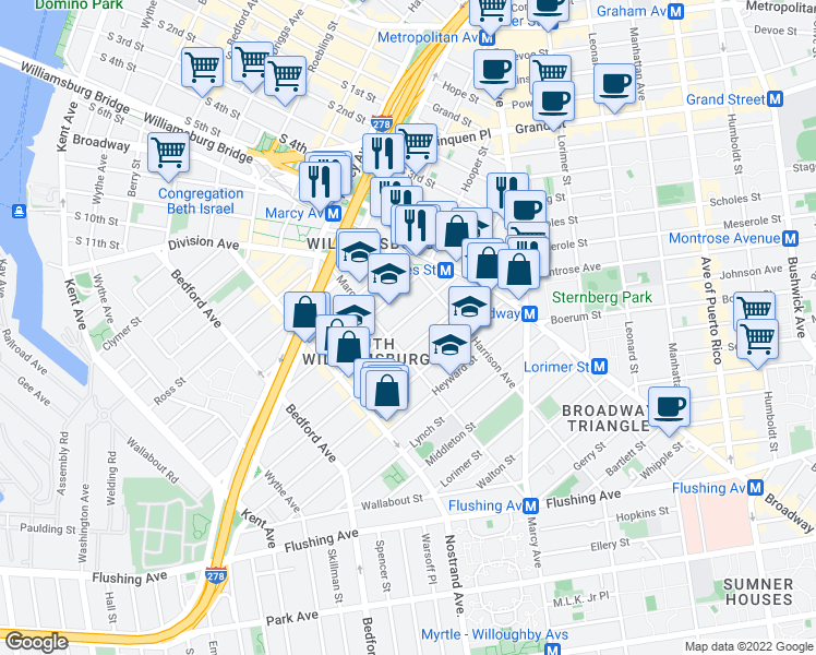 map of restaurants, bars, coffee shops, grocery stores, and more near 268 Hewes Street in Brooklyn