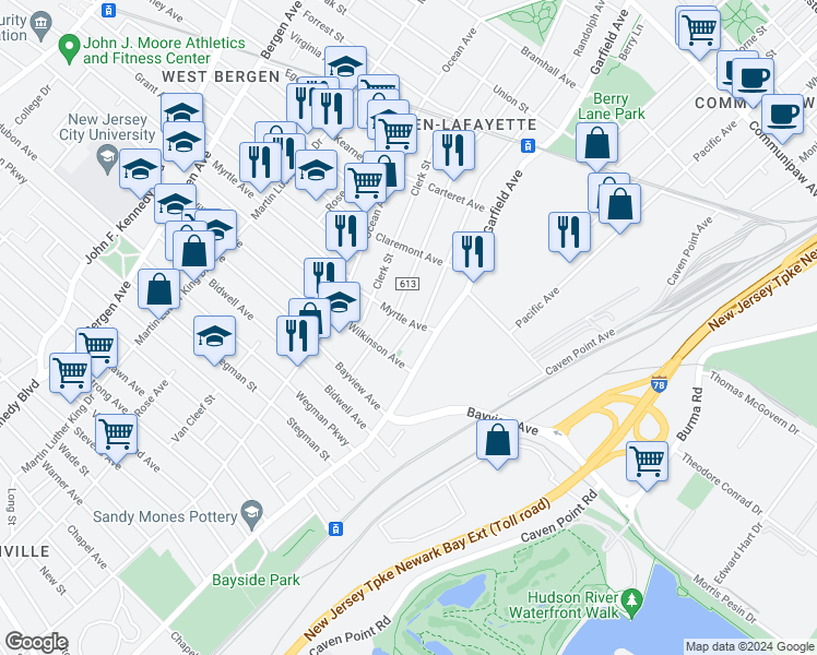 map of restaurants, bars, coffee shops, grocery stores, and more near 32 Myrtle Avenue in Jersey City