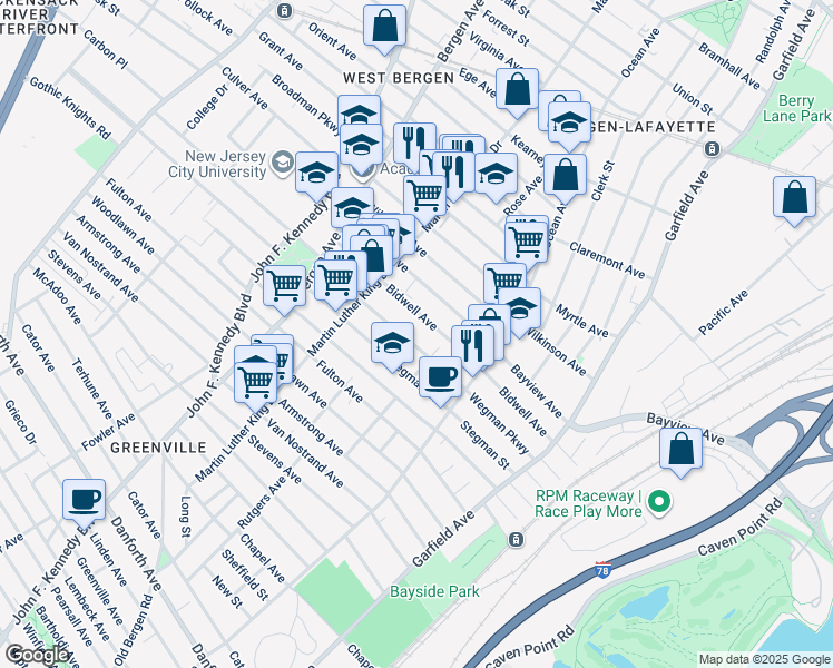 map of restaurants, bars, coffee shops, grocery stores, and more near 142 Bidwell Avenue in Jersey City