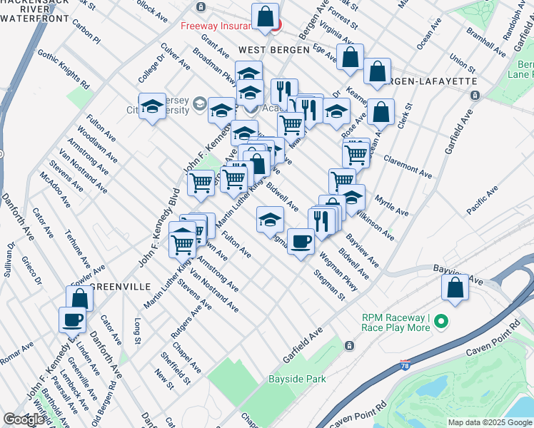 map of restaurants, bars, coffee shops, grocery stores, and more near 168 Wegman Parkway in Jersey City