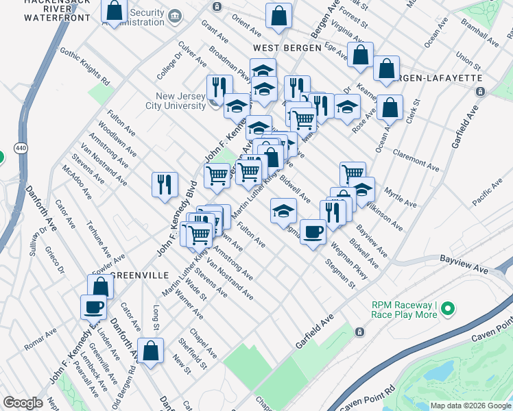 map of restaurants, bars, coffee shops, grocery stores, and more near 168-172 Martin Luther King Drive in Jersey City