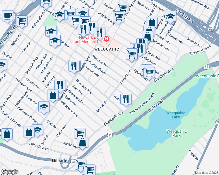 map of restaurants, bars, coffee shops, grocery stores, and more near 96-98 Vassar Avenue in Newark
