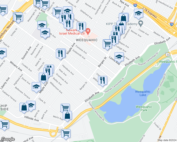 map of restaurants, bars, coffee shops, grocery stores, and more near 96-98 Vassar Avenue in Newark
