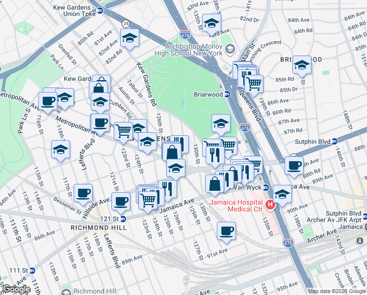 map of restaurants, bars, coffee shops, grocery stores, and more near 84-48 129th Street in Queens