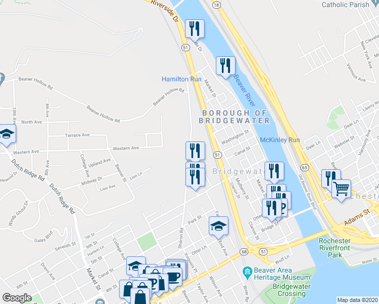 map of restaurants, bars, coffee shops, grocery stores, and more near 999 Sharon Road in Beaver