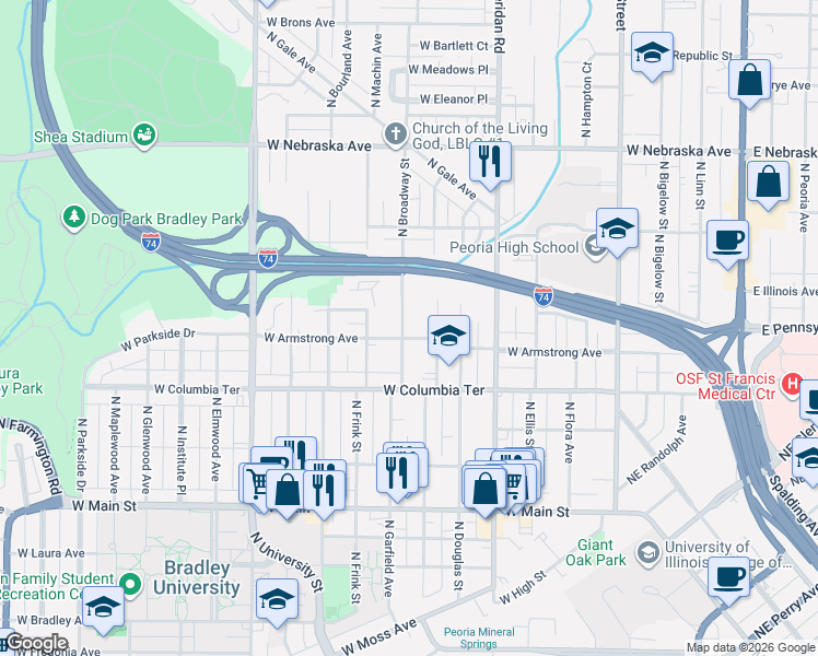 map of restaurants, bars, coffee shops, grocery stores, and more near 1416 North Broadway Street in Peoria