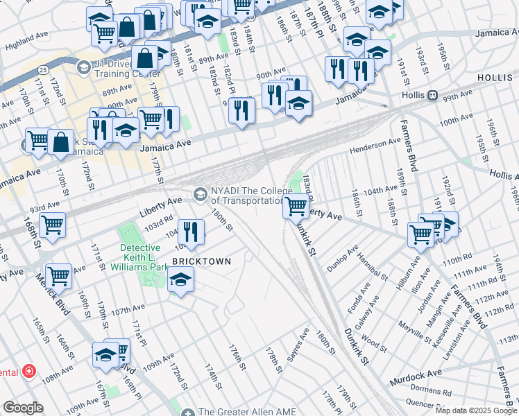map of restaurants, bars, coffee shops, grocery stores, and more near 180-66 Liberty Avenue in Queens