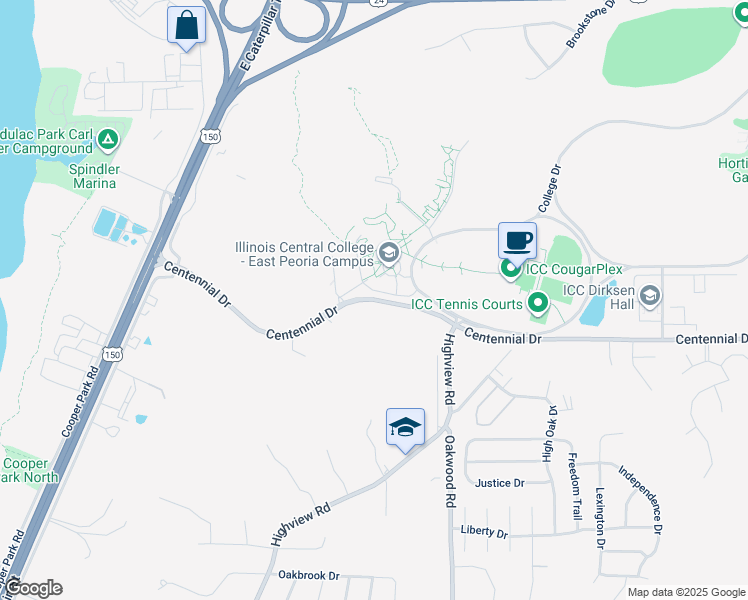 map of restaurants, bars, coffee shops, grocery stores, and more near 918 Centennial Drive in East Peoria