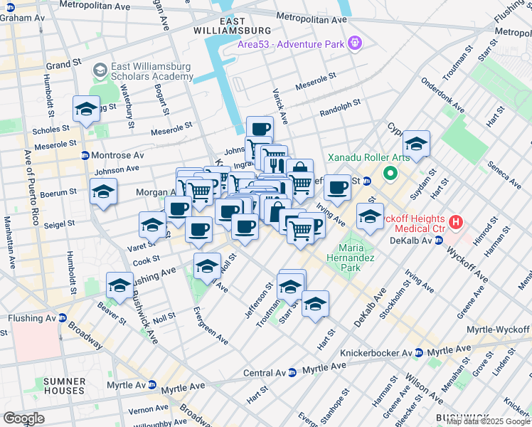 map of restaurants, bars, coffee shops, grocery stores, and more near 95 Thames Street in Brooklyn