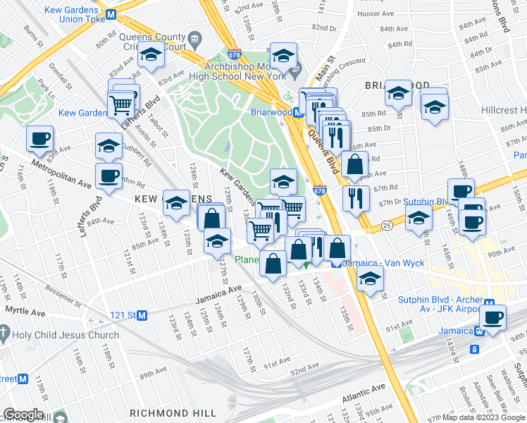map of restaurants, bars, coffee shops, grocery stores, and more near in Queens