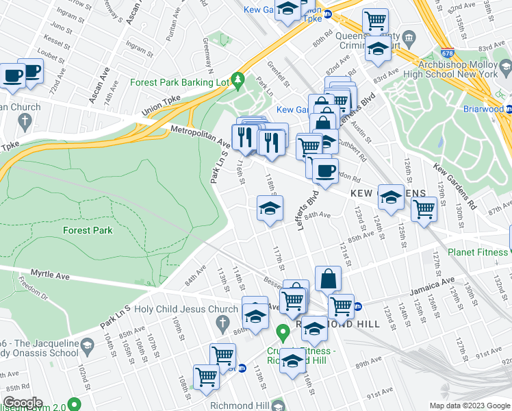 map of restaurants, bars, coffee shops, grocery stores, and more near 116-11 Curzon Road in Queens