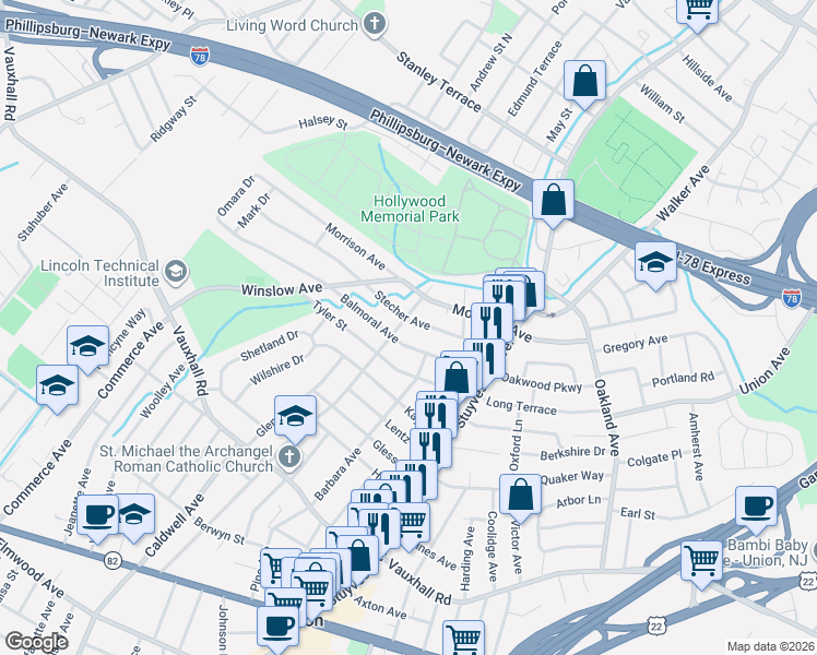 map of restaurants, bars, coffee shops, grocery stores, and more near 2146 Stecher Avenue in Union
