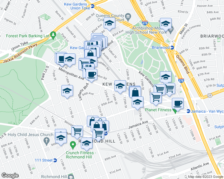 map of restaurants, bars, coffee shops, grocery stores, and more near Metropolitan Ave & 124th St in Queens