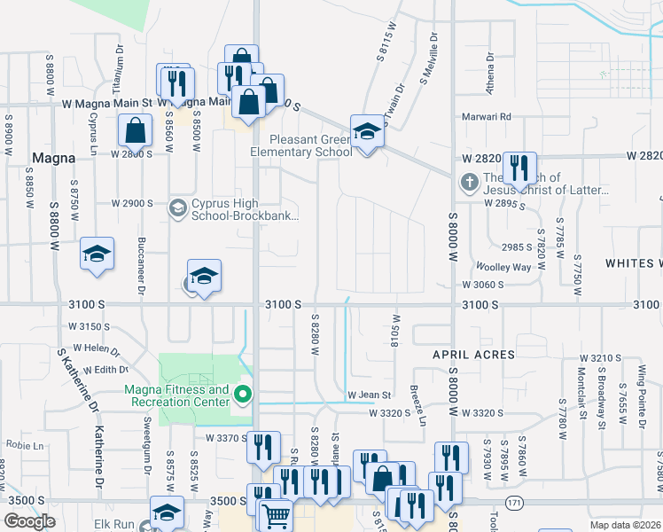 map of restaurants, bars, coffee shops, grocery stores, and more near 2999 Hibler Drive in Magna