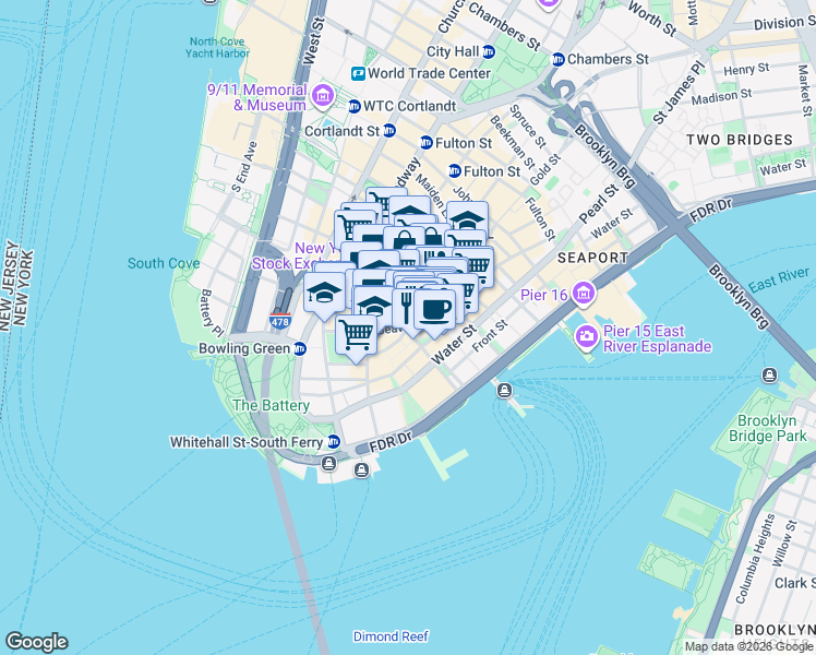map of restaurants, bars, coffee shops, grocery stores, and more near William Street & Beaver Street in New York