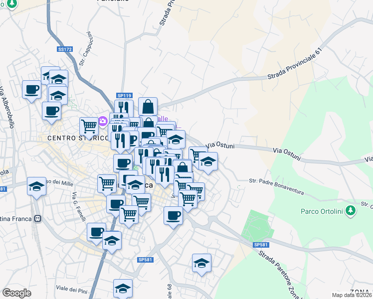 map of restaurants, bars, coffee shops, grocery stores, and more near 10 Circonvallazione in Martina Franca