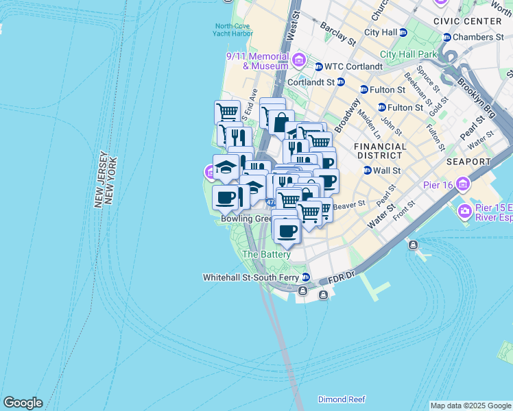 map of restaurants, bars, coffee shops, grocery stores, and more near 17 Battery Place in New York