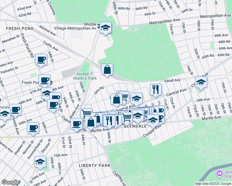 map of restaurants, bars, coffee shops, grocery stores, and more near 69-17 67th Place in Queens