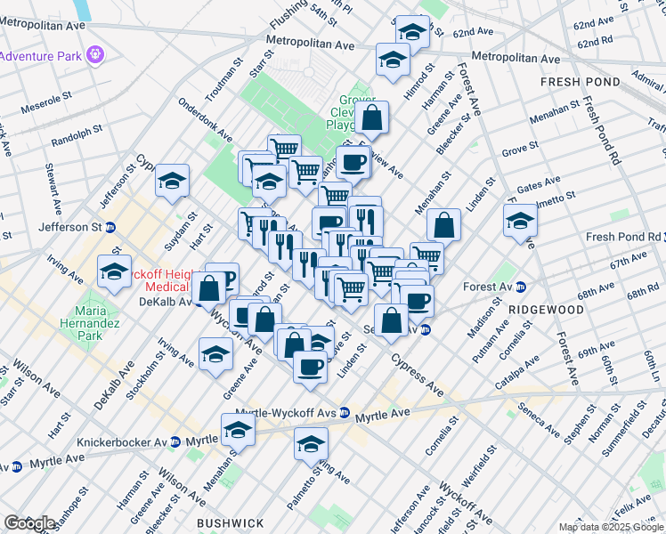 map of restaurants, bars, coffee shops, grocery stores, and more near 494 Seneca Avenue in Queens
