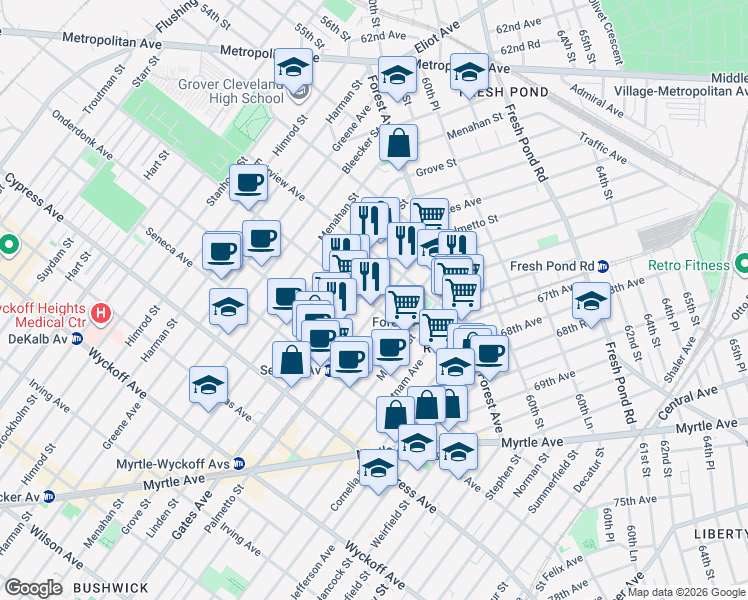 map of restaurants, bars, coffee shops, grocery stores, and more near 19-23 Palmetto Street in Queens