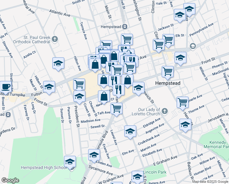 map of restaurants, bars, coffee shops, grocery stores, and more near 1 South Franklin Street in Hempstead