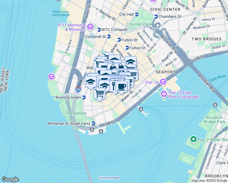 map of restaurants, bars, coffee shops, grocery stores, and more near 19 William Street in New York