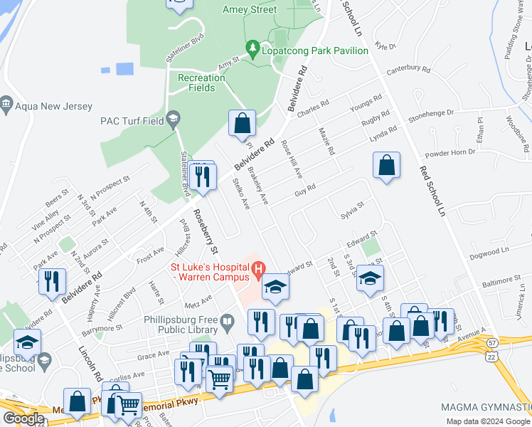 map of restaurants, bars, coffee shops, grocery stores, and more near 308 Brakeley Avenue in Phillipsburg