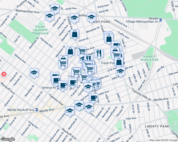 map of restaurants, bars, coffee shops, grocery stores, and more near Putnam Ave & Forest Ave in Queens