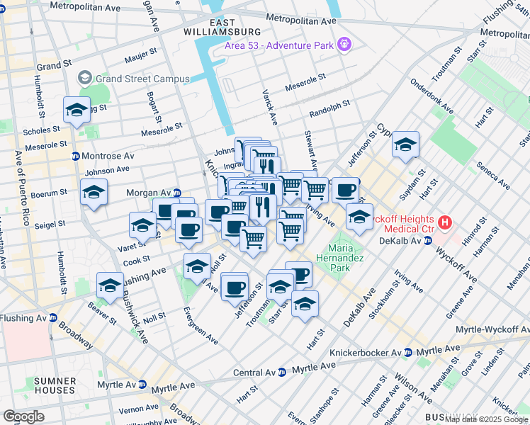 map of restaurants, bars, coffee shops, grocery stores, and more near 95 Thames Street in Brooklyn