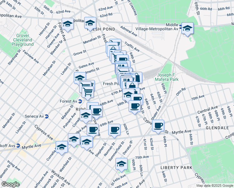 map of restaurants, bars, coffee shops, grocery stores, and more near 60-75 67th Avenue in Queens
