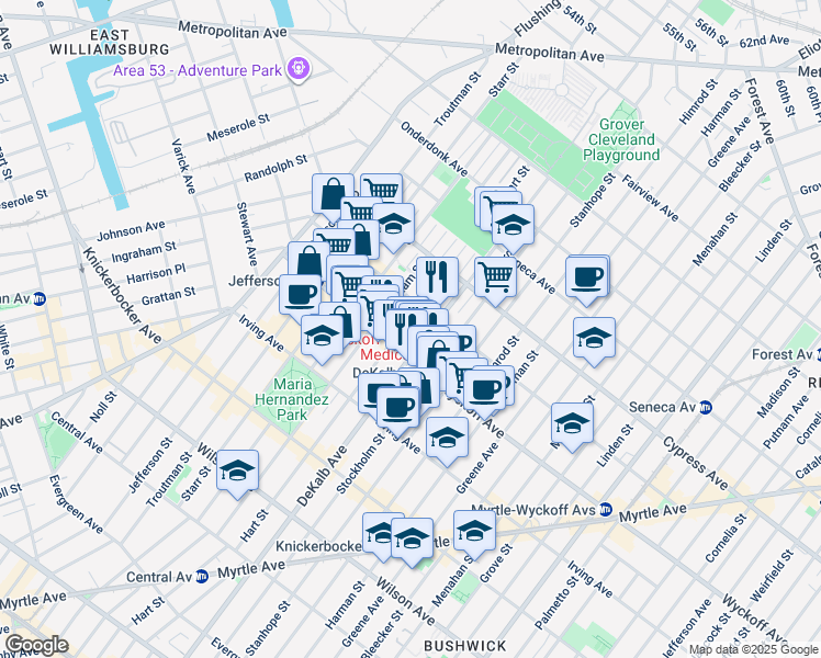 map of restaurants, bars, coffee shops, grocery stores, and more near 1690 DeKalb Avenue in Brooklyn