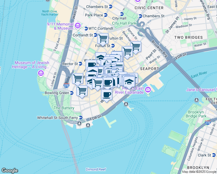 map of restaurants, bars, coffee shops, grocery stores, and more near 76 Beaver Street in New York