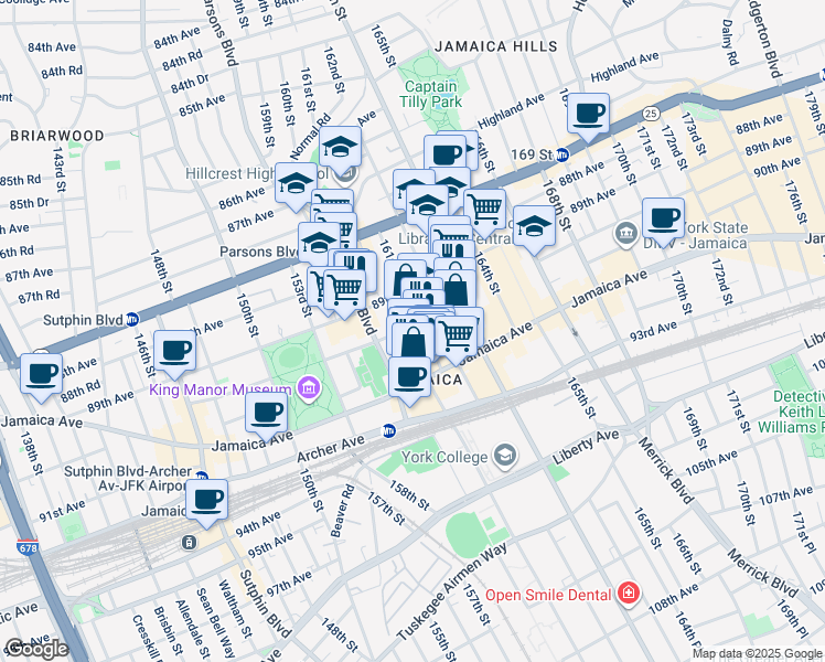 map of restaurants, bars, coffee shops, grocery stores, and more near 89-25 161st Street in Queens